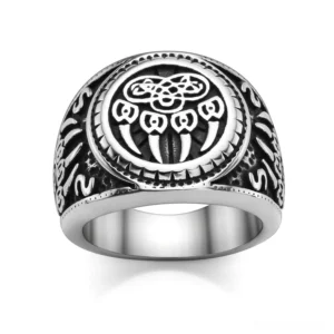 Bear Paw Celtic Knot Gothic Amulet Ring - front top oblique view showing polished stainless steel with circular engraved symbolic face design