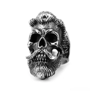 Bearded gentleman skull mustache gothic cocktail ring front view stainless steel 316L vintage finish
