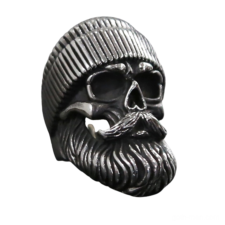 Gothic bearded skull rider ring right three-quarter angle displaying carved knit hat texture and hollow skull eye sockets in antique dark metal finish