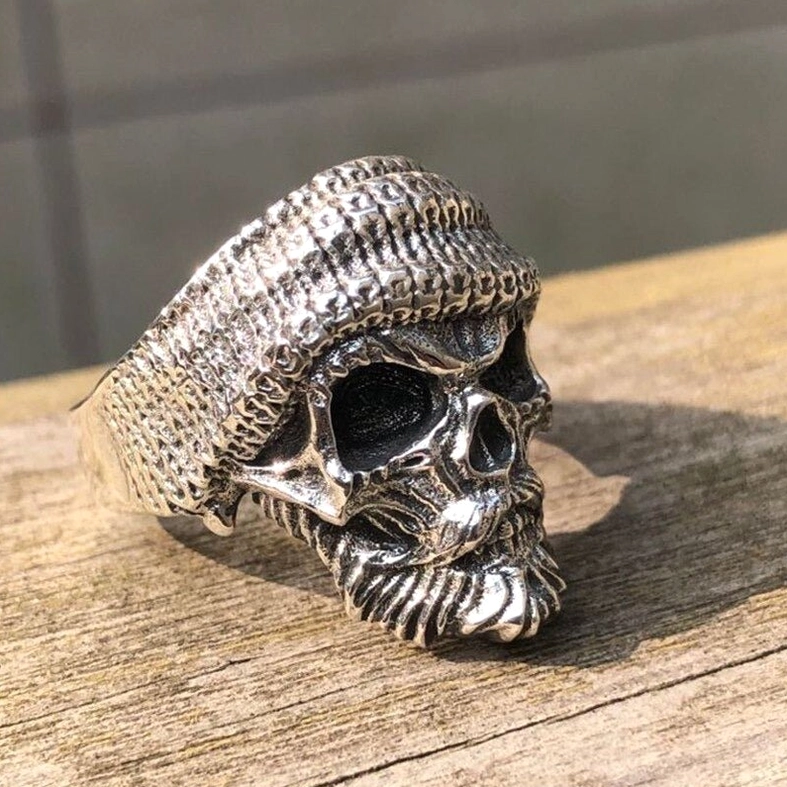 Bearded skull ring angled view – sterling silver gothic ring showing dimension of skull carving