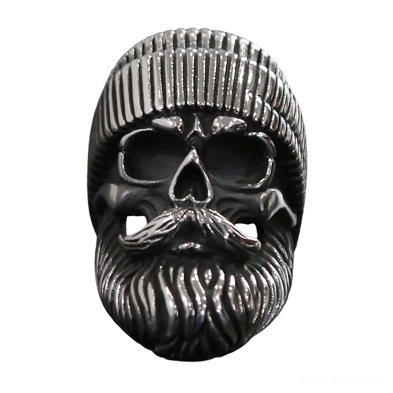 Bearded skull gothic ring front-facing view showcasing precise mustache and beard carving with antique dark stainless steel patina
