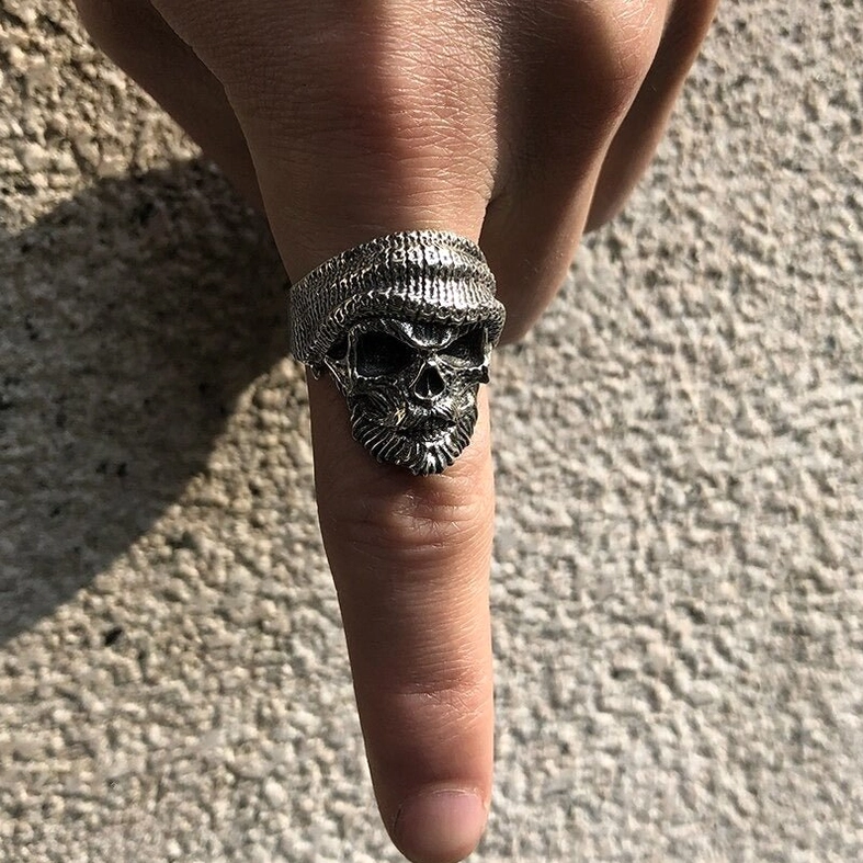 Bearded skull sterling silver ring lifestyle shot – gothic jewelry piece showcasing authentic wearing comfort