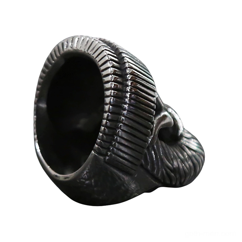 Bearded skull ring rear bottom view exposing inner cavity and side hat texture details, gothic jewelry construction