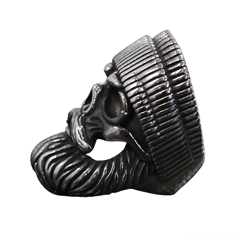 Skull biker ring left side profile view exposing ring band structure and ribbed hat details with hollowed skull design in dark metal
