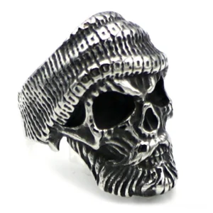 Bearded skull ring right side profile – antiqued silver finish showing detailed beard carving and gothic design