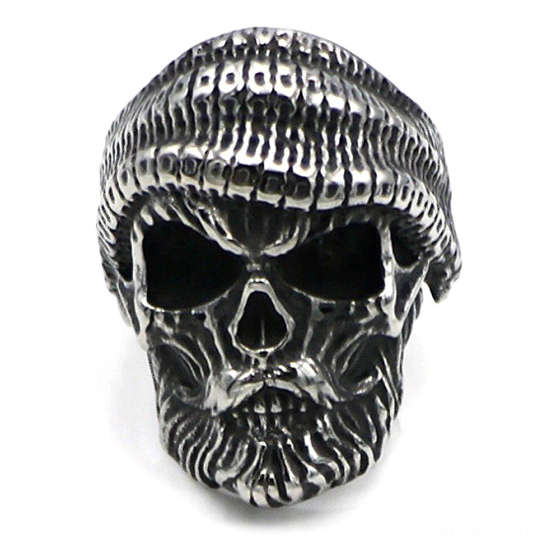 Bearded skull ring front view – 925 sterling silver gothic jewelry with carved facial hair detail