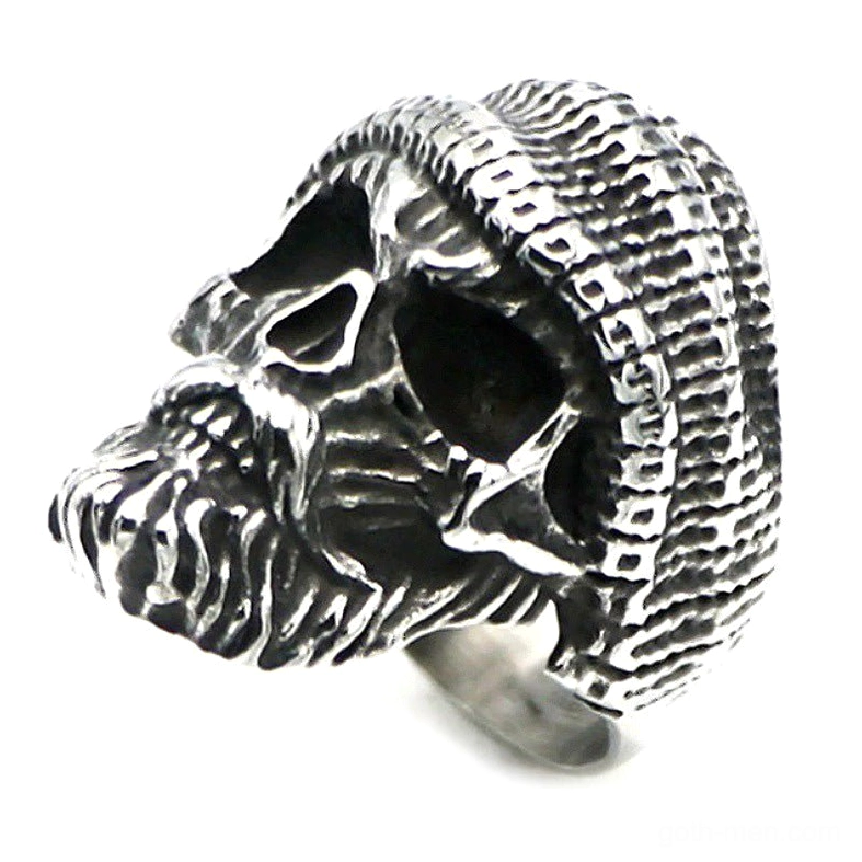 Bearded skull ring top-down view – adjustable sterling silver band with distressed vintage patina