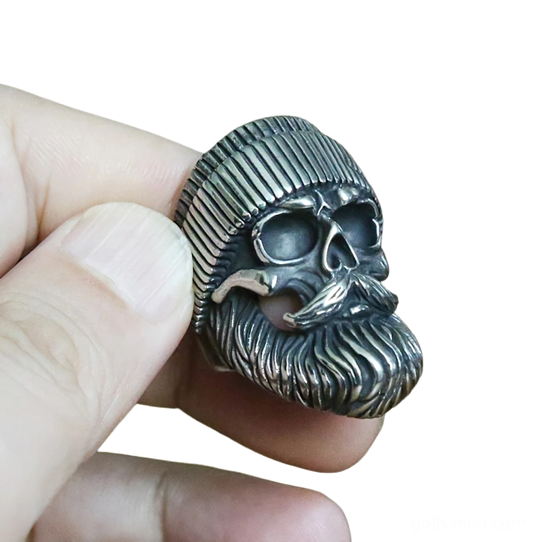 Bearded skull biker ring worn on hand close-up showing vintage silver-black finish and actual ring scale with human fingers