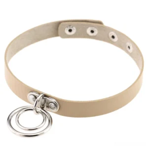 Beige PU leather gothic choker necklace with adjustable metal ring fasteners, studio display