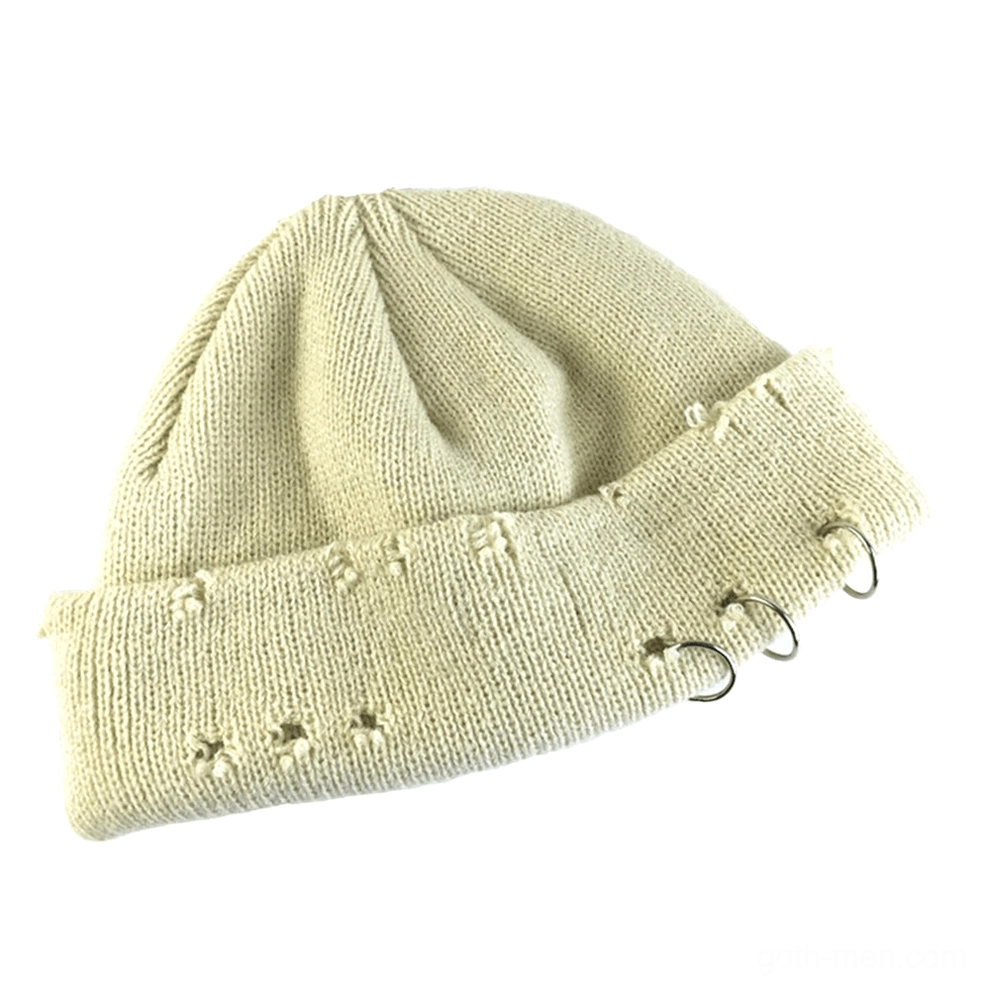 Beige or coffee-tone gothic beanie with distressed design and metal ring details