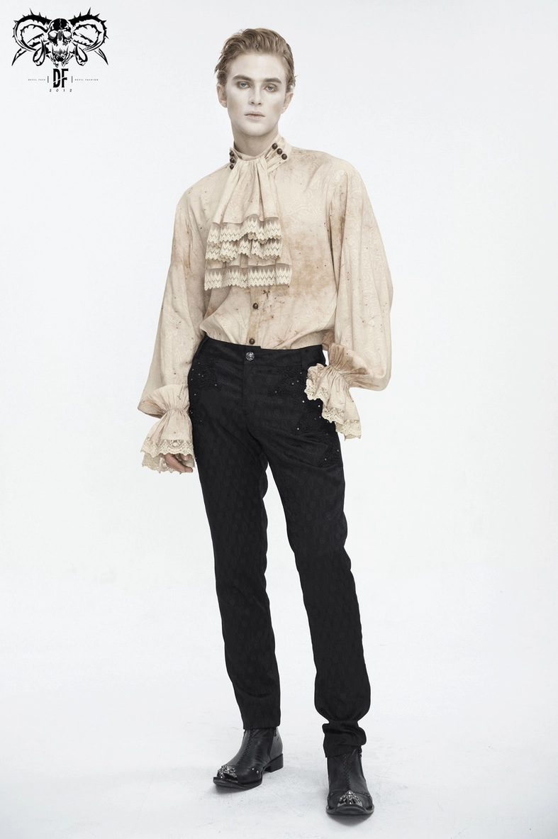 Additional view highlighting the beige distressed fabric and overall gothic aesthetic of the lantern sleeve shirt