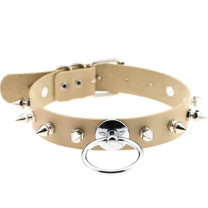 Beige/khaki gothic choker with silver metal spikes and adjustable O-ring, front view on white background