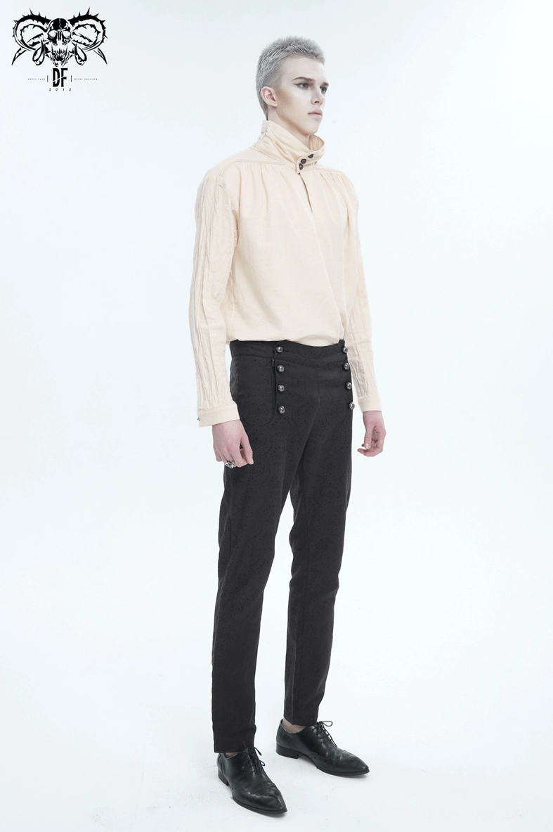 Beige gothic stand collar cotton shirt on male model, full-length front view with natural wrinkled cotton texture