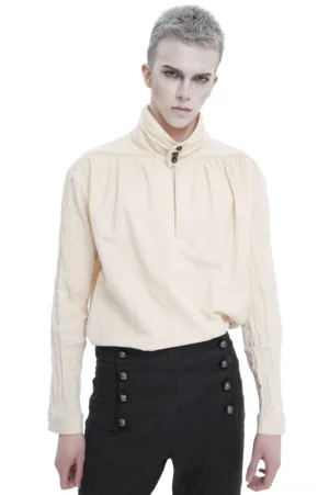 Beige gothic stand collar vintage cotton shirt for men, front three-quarter view on model with long sleeves and embroidered trim details