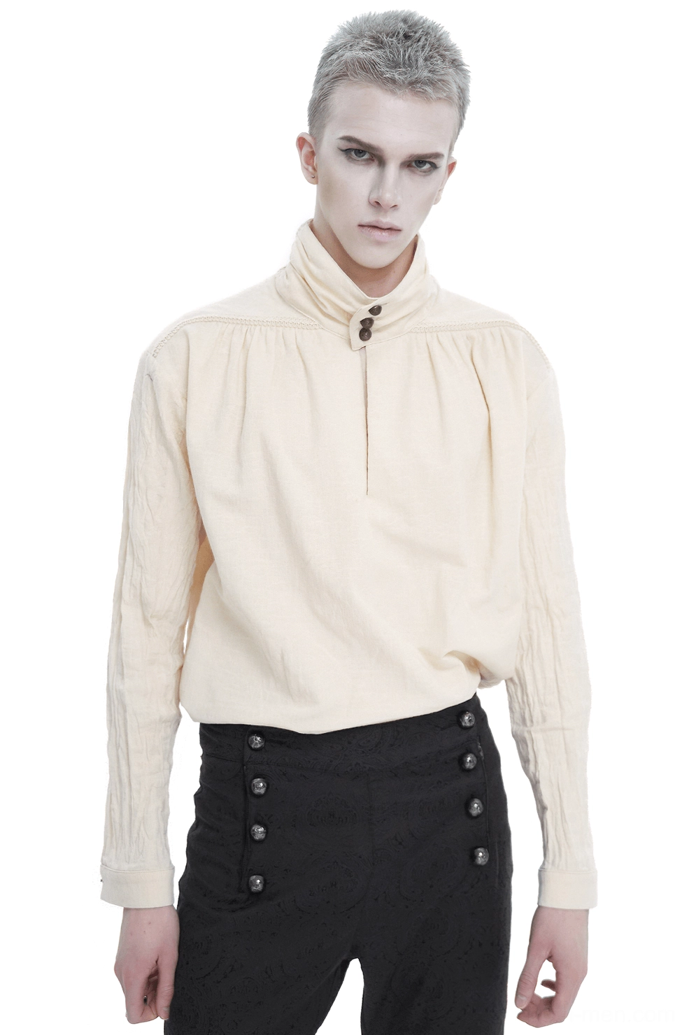 Beige gothic stand collar vintage cotton shirt for men, front three-quarter view on model with long sleeves and embroidered trim details