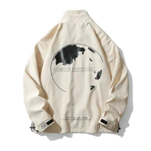 Beige gothic windbreaker jacket with contrast Earth print, back view, stand collar detail, loose fit
