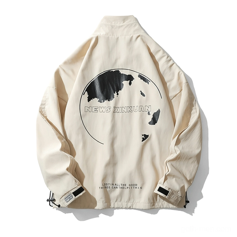 Beige gothic windbreaker jacket with contrast Earth print, back view, stand collar detail, loose fit