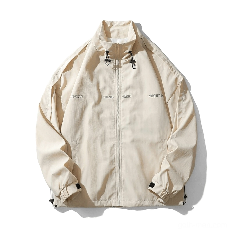 Beige gothic windbreaker front view, stand collar, full zipper, drawstring hem and adjustable cuffs