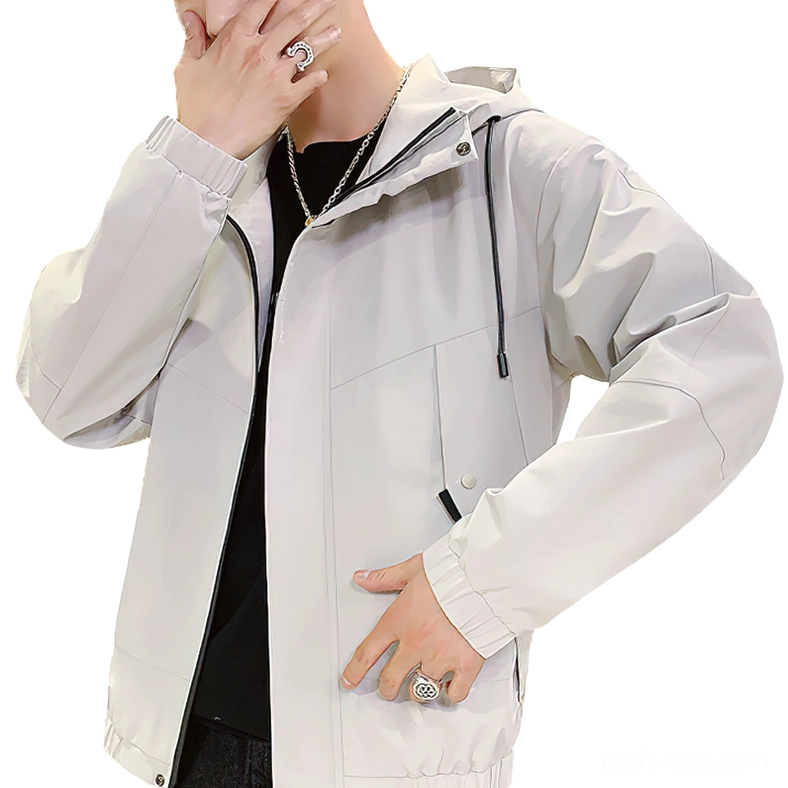 Beige khaki gothic hooded men's cargo jacket with drawstring hood elastic cuffs and utility pocket system