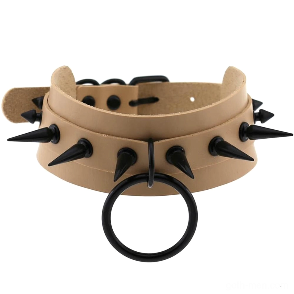 Beige studded leather choker necklace with black metal spikes and O-ring - gothic accessory