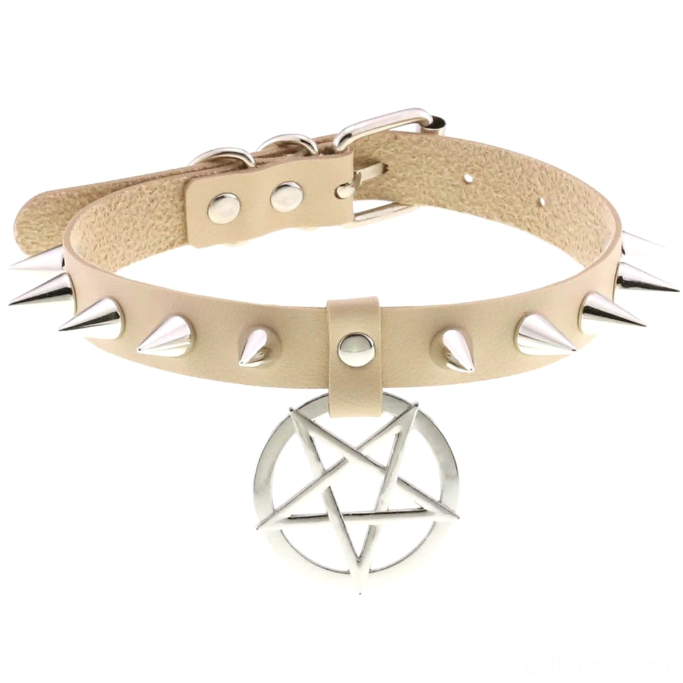 Beige PU leather spiked choker with pentagram and silver metal accents, front display