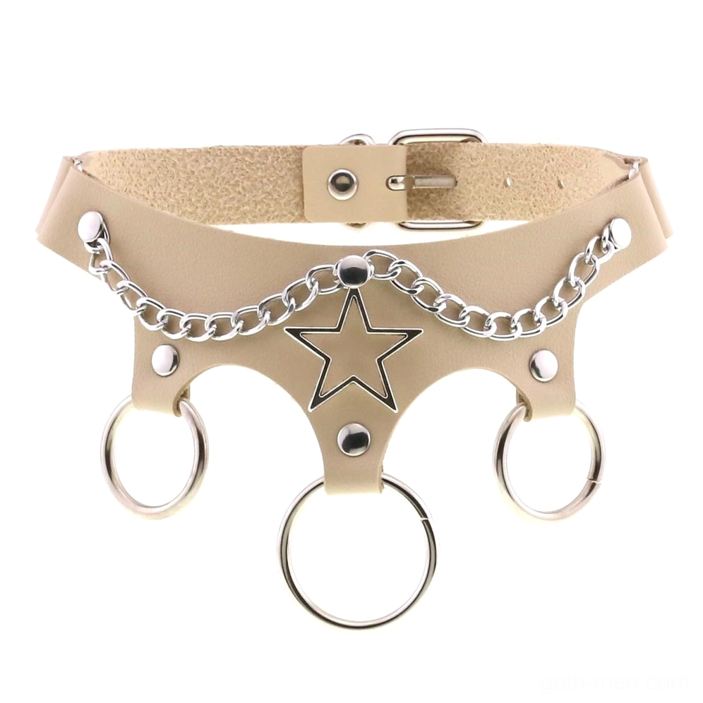 Beige tan leather star choker with silver chain accent studio photography