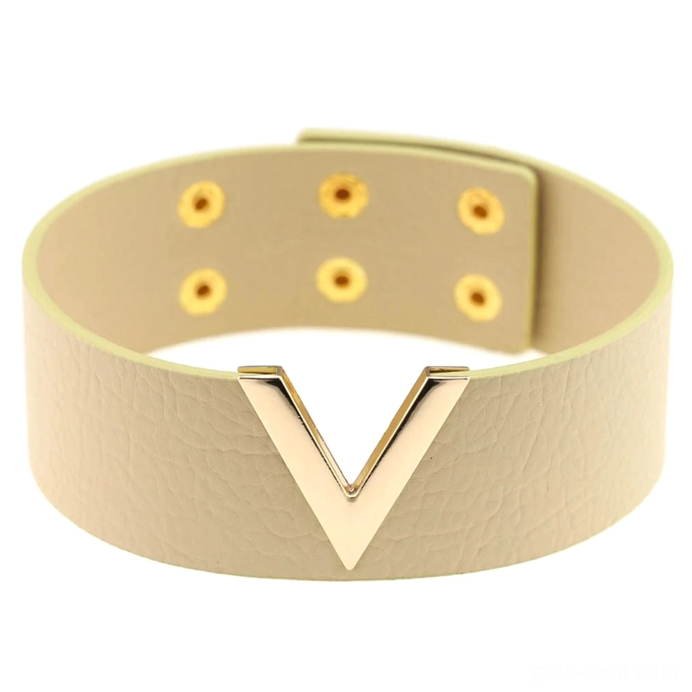 Beige pebbled leather V-choker with gold V metal - soft gothic choker