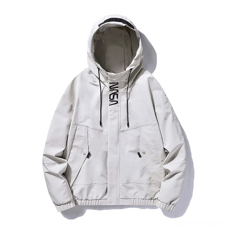 Beige NASA print gothic hooded cargo jacket with zipper pockets elastic hem and drawstring hood
