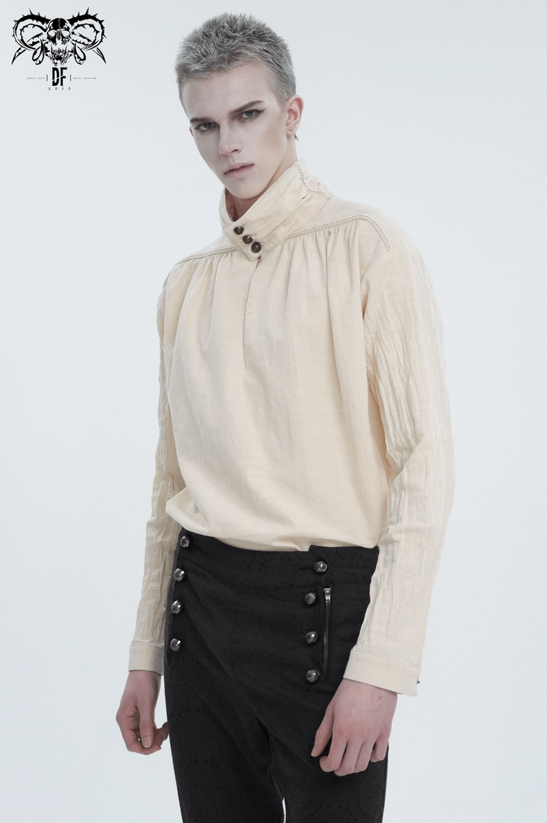 Beige gothic stand collar shirt on dress form, showcasing the pleated construction and vintage button details throughout