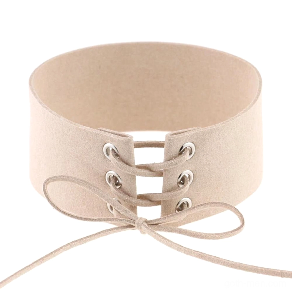 Beige suede velvet lace-up choker with metal grommets and tied bow detail