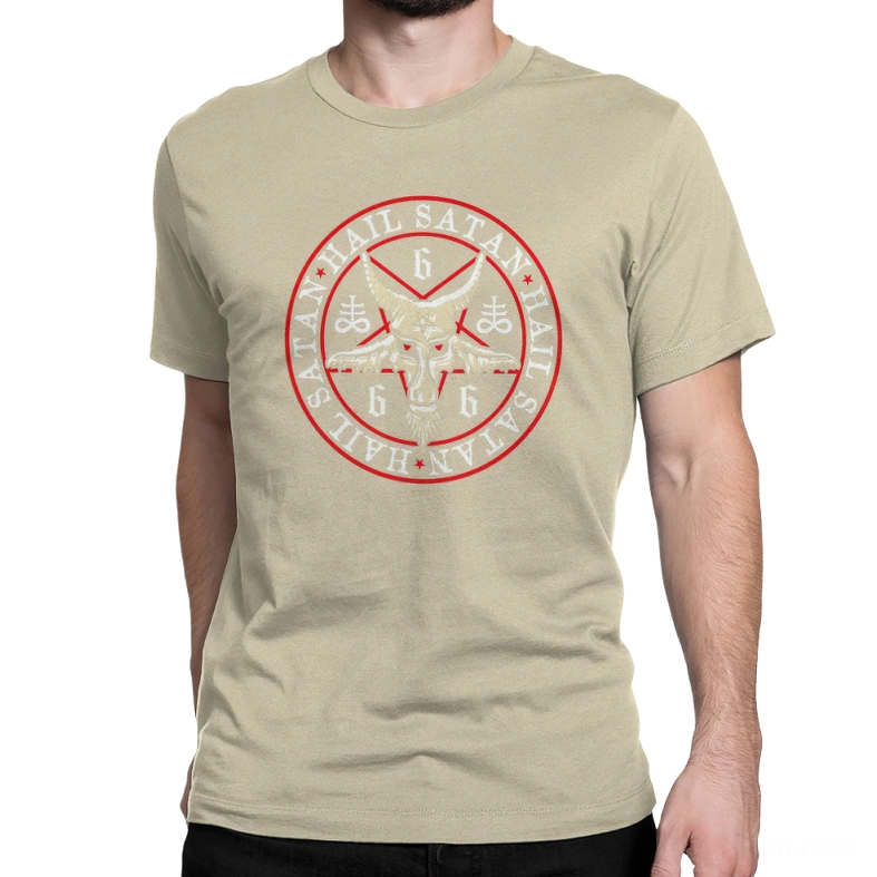 Beige tan occult pentagram graphic t-shirt on model - alternative goth fashion statement piece