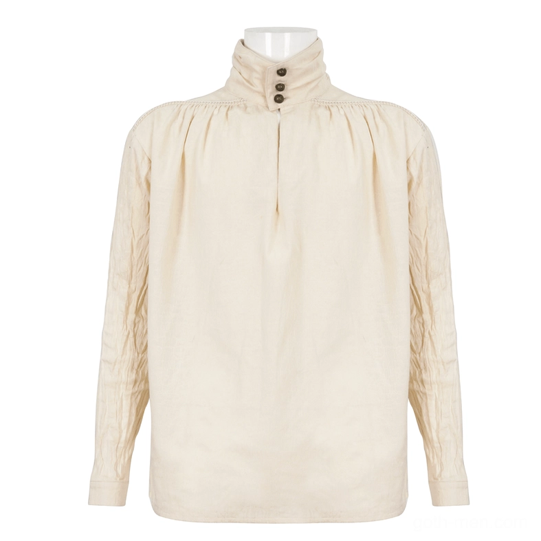 Beige stand collar shirt flat lay on mannequin, front view displaying embroidered lace trim and button closure details