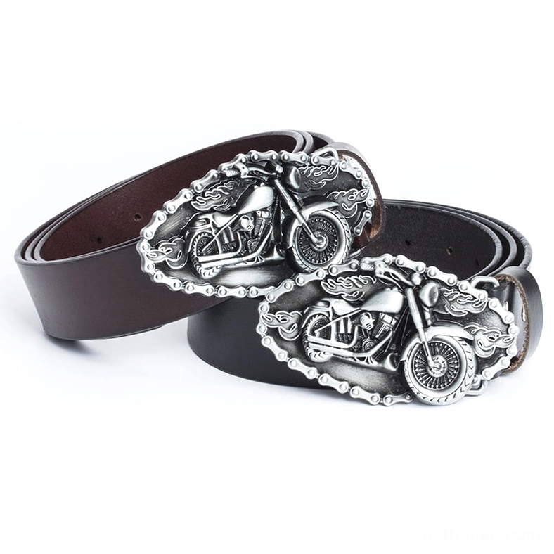 Two gothic motorcycle leather belts overhead view featuring mixed brown and black straps with full motorcycle motif buckles and chain trim