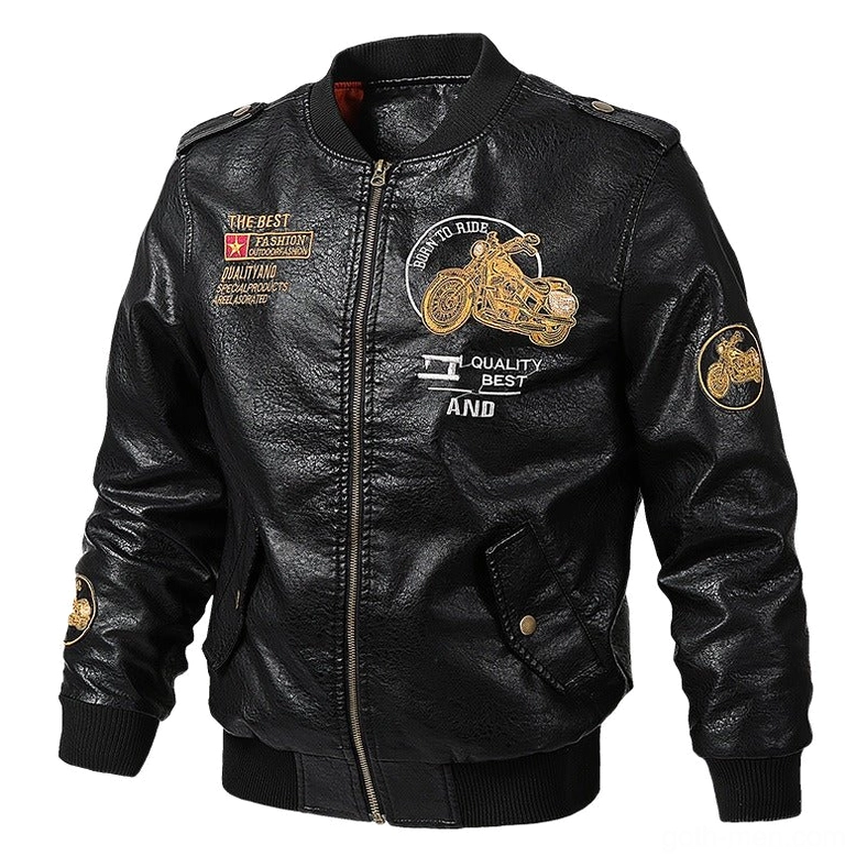 Black gothic biker jacket front zipper closure and metal flap side pocket detail, faux leather construction