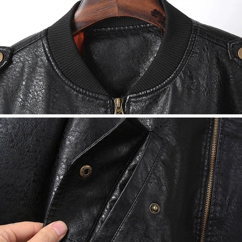 Faux leather biker jacket collar close-up with ribbed neck trim and metal zipper fastener, gothic style detail