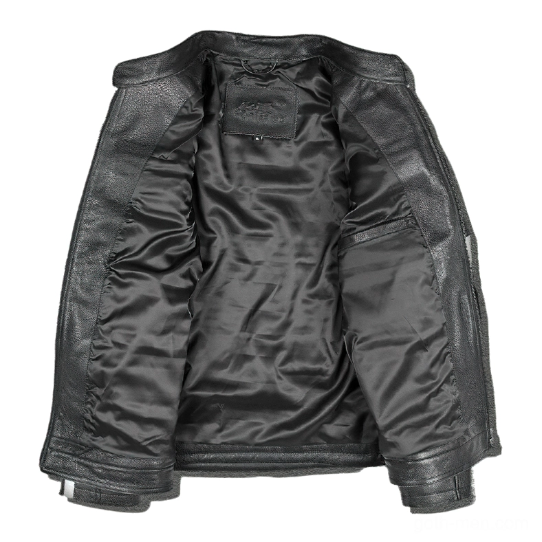 Black satin lining interior of genuine leather biker jacket with inner storage pocket