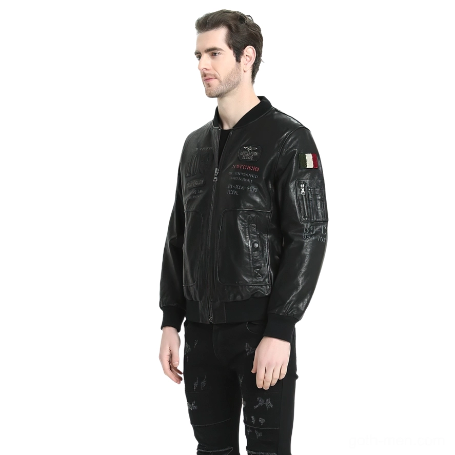 Black genuine leather biker jacket ribbed trim details cuff and hem close-up