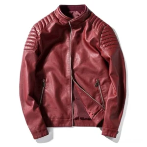 Men's dark red alternative motorcycle jacket with quilted shoulder detail and zippered pockets