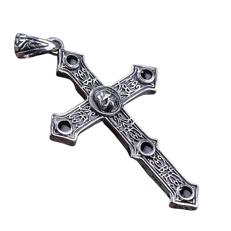 Left front oblique view of unisex biker skull cross pendant with ornate floral patterns and carved bail attachment