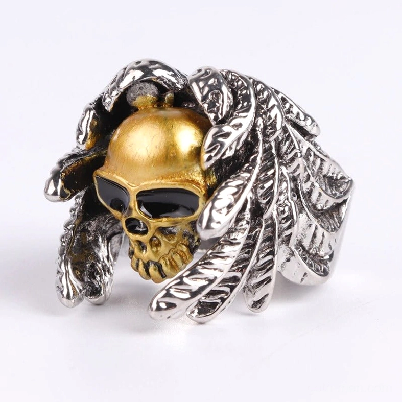 Biker skull ring rear oblique angle showing reverse design with gold skull and black enamel eye detail
