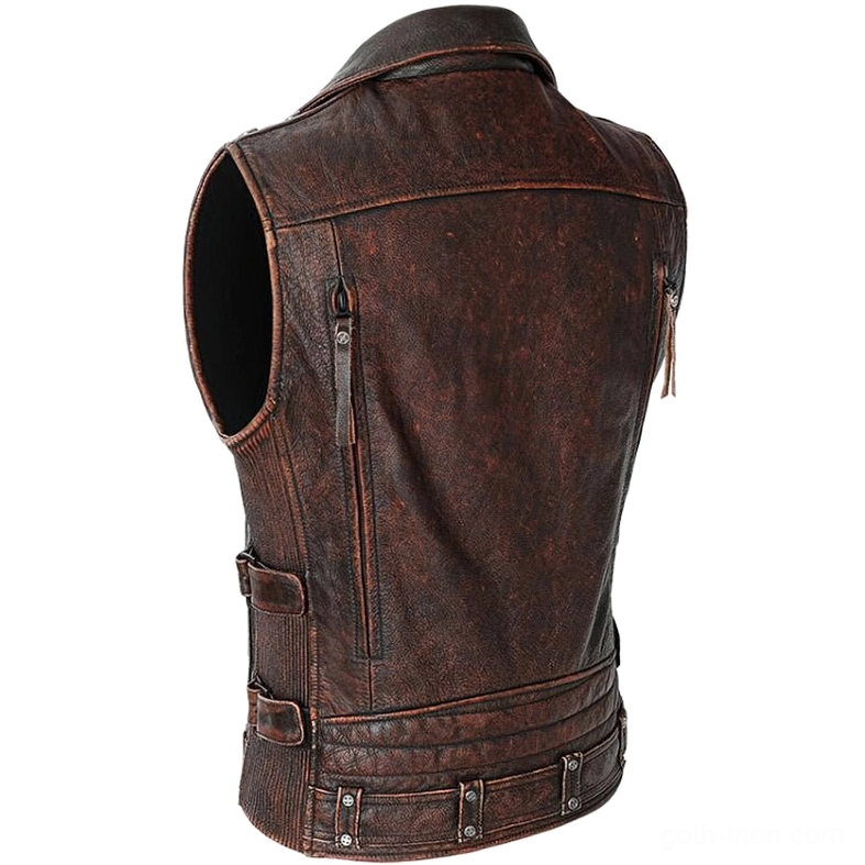Gothic biker vest rear view showing adjustable side straps and distressed leather texture vintage brown