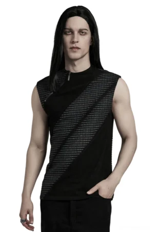 Black 3D jacquard gothic tank top with diagonal zipper, front view on model with long black hair, studio background