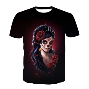 Black gothic skull t-shirt flat lay front view displaying detailed 3D printed Day of the Dead skull design