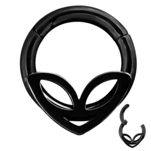 Black alien face clicker nose ring front view - polished stainless steel with hinged segment closure