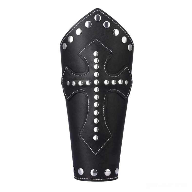 Black leather arm guard frontal display showing metal rivet cross pattern