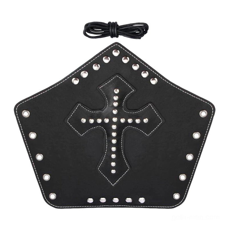Black leather arm guard with fastening lace strap and studded cross pattern detail