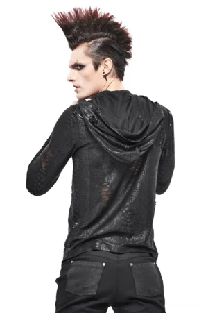 Gothic asymmetric black hoodie back three-quarter view showing fitted back panel and attached oversized hood with metal hardware details