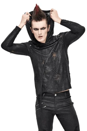 Black asymmetric gothic hoodie with metal D-ring hardware worn by punk model with spiky mohawk, front view showing distressed snake texture and oversized hood