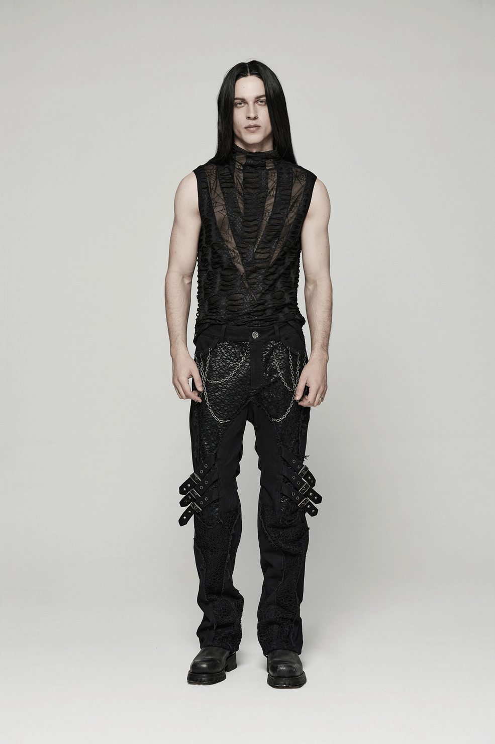 Black asymmetric gothic sleeveless mesh top for men - punk rock alternative wear
