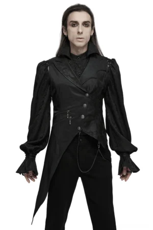 Men's black asymmetric gothic waistcoat with metal chain details and irregular hemline worn by male model, front view